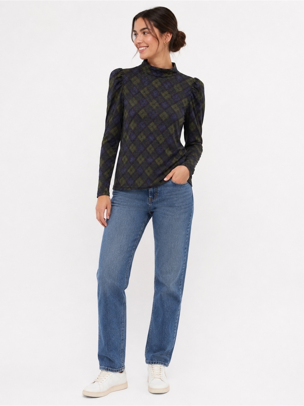 LOFT Women’s Plaid Mock Neck Long Sleeve Top – Blue & Green